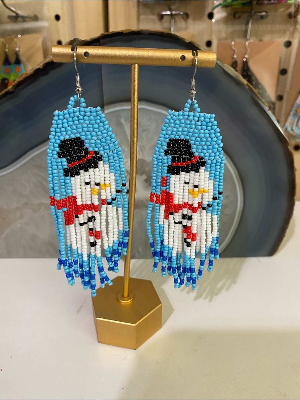 Beaded Snowman Fringe Earrings - Light Blue